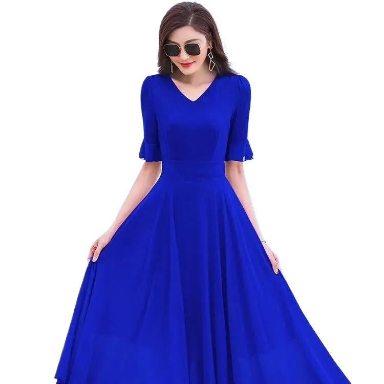 Short-height Long-style Wide-hem Chiffon Dress Ultra-fairy and Elegant Beach Maxi Dress