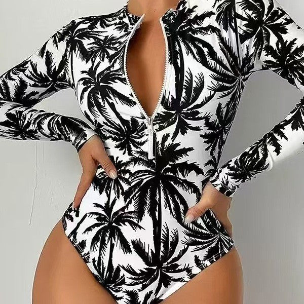 Gradient Ombre Body-Sculpting Long-Sleeve One-Piece Swimsuit