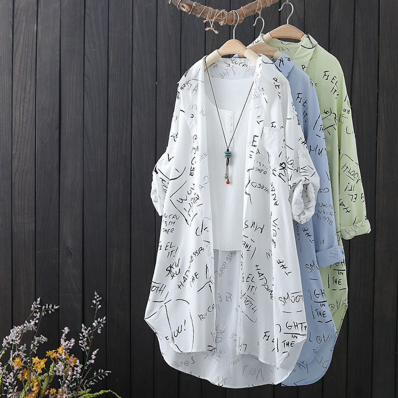 Elegant Mid-Length Chiffon Blouse with Letter Print – Relaxed Fit