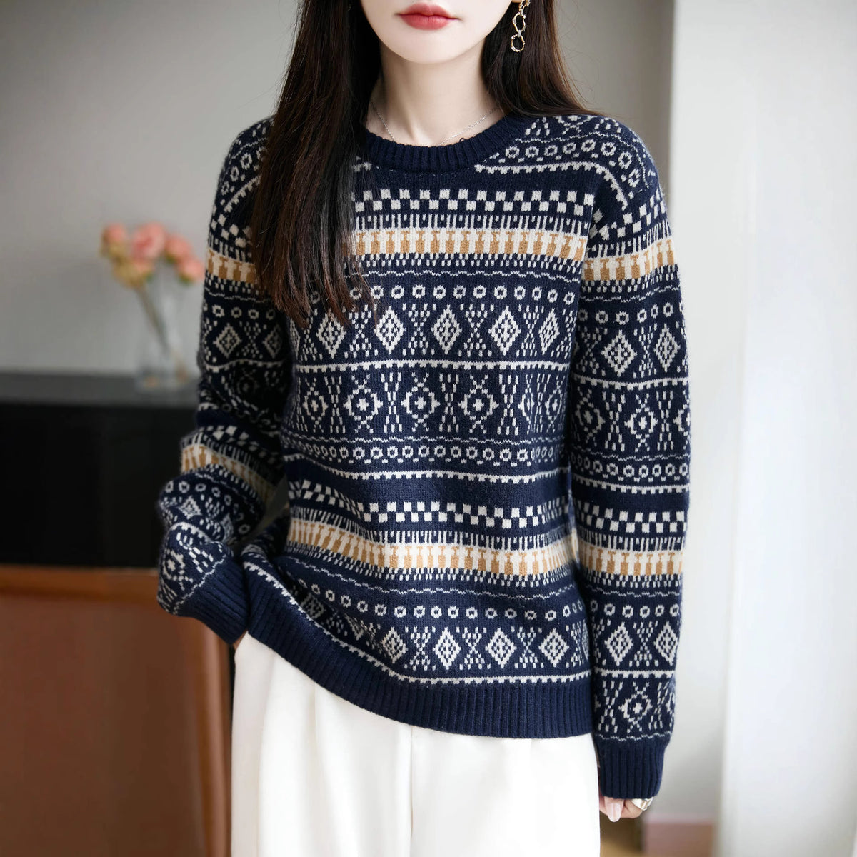Retro Jacquard Crew-neck Pullover Fair Isle Thickened Sweater