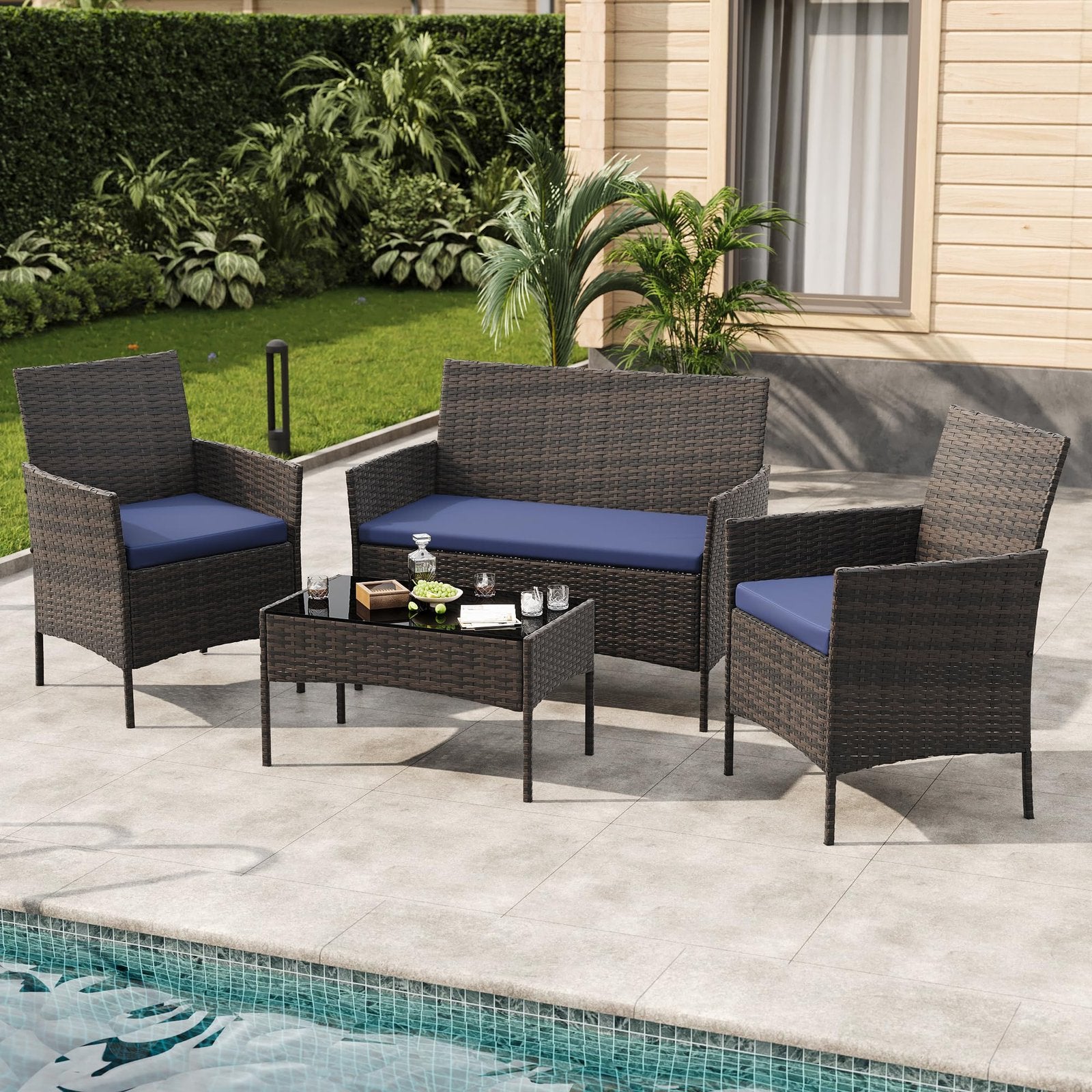 [Outdoor Patio Set] 4pcs Outdoor Patio Bistro Set, Wicker Rattan Furniture With Loveseat, 2 Chairs & Glass Coffee Table, Cushioned Seats For Backyard, Garden, Porch, Balcony & Poolside