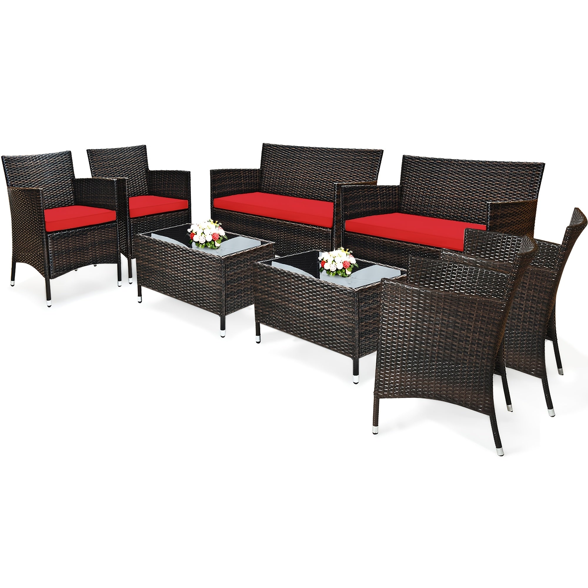 [Patio Furniture Set] 4pcs/8pcs Patio Furniture Set W/Washable Cushions And Tempered Glass Coffee Table