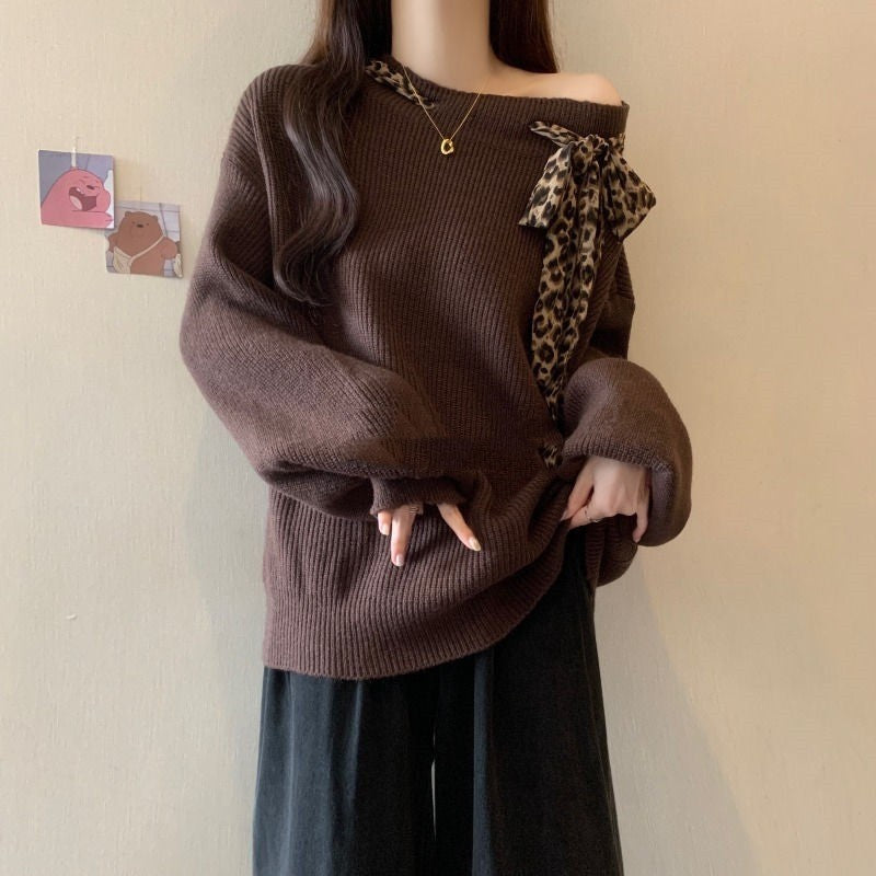 Women's American-style Vintage Leopard Print Off-shoulder Sweater
