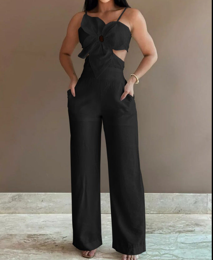Chic White Floral 3D Sling Romper & One-Piece Trousers