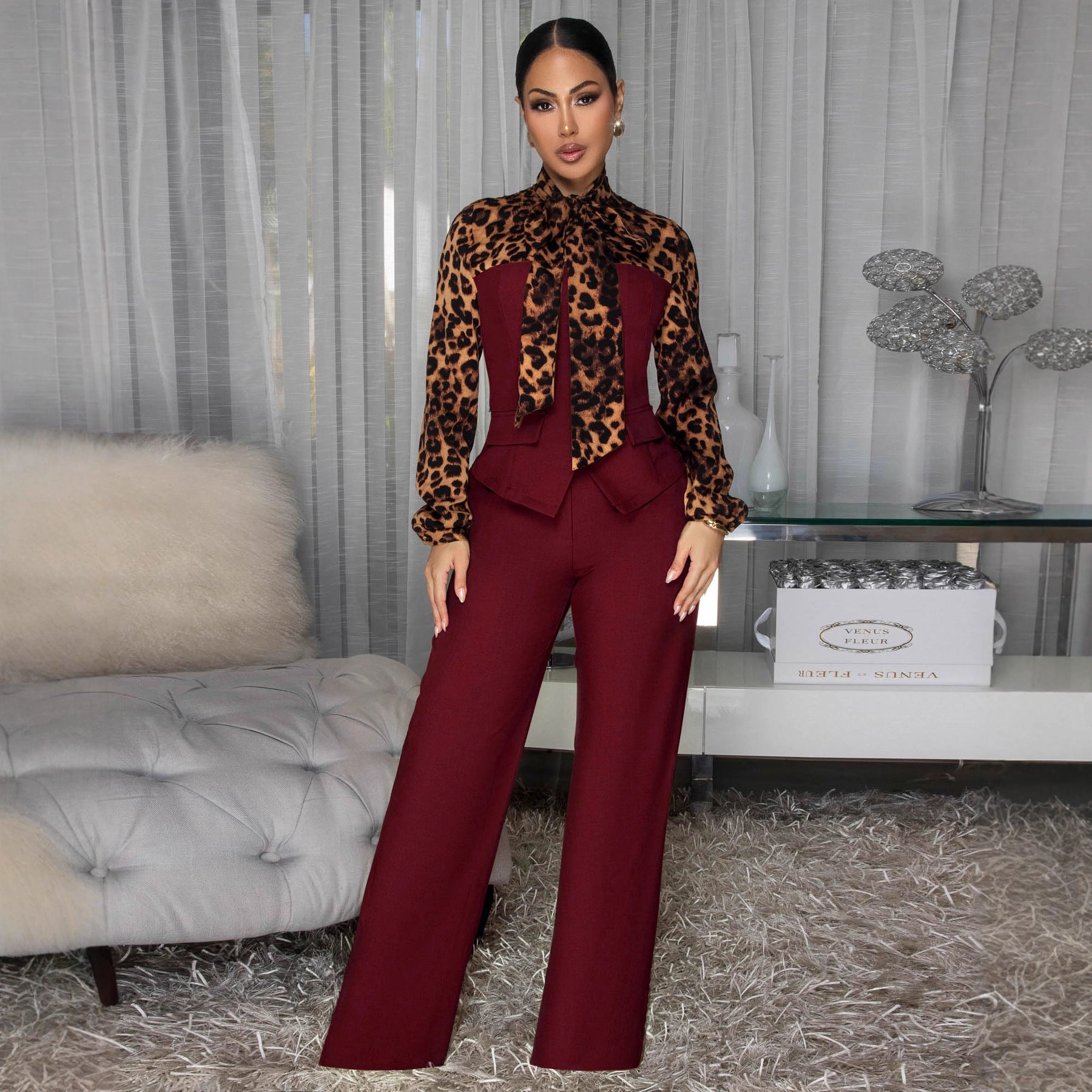 Elegant Lace-Up Wide-Leg Chiffon Jumpsuit