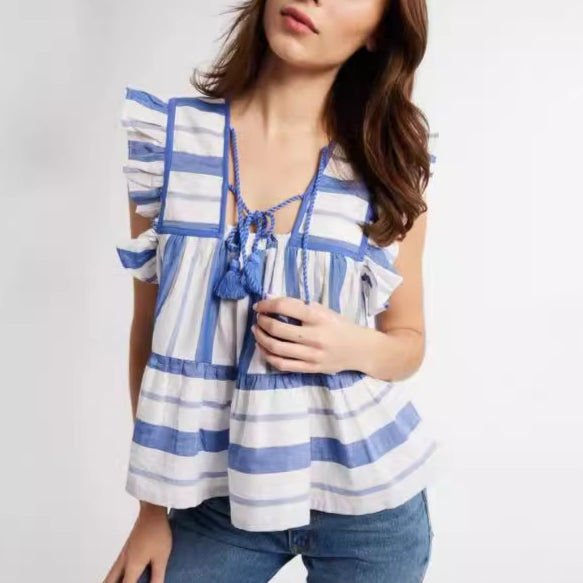 Sweet Casual Resort-Style Striped Sleeveless Top With Ruffled Hem