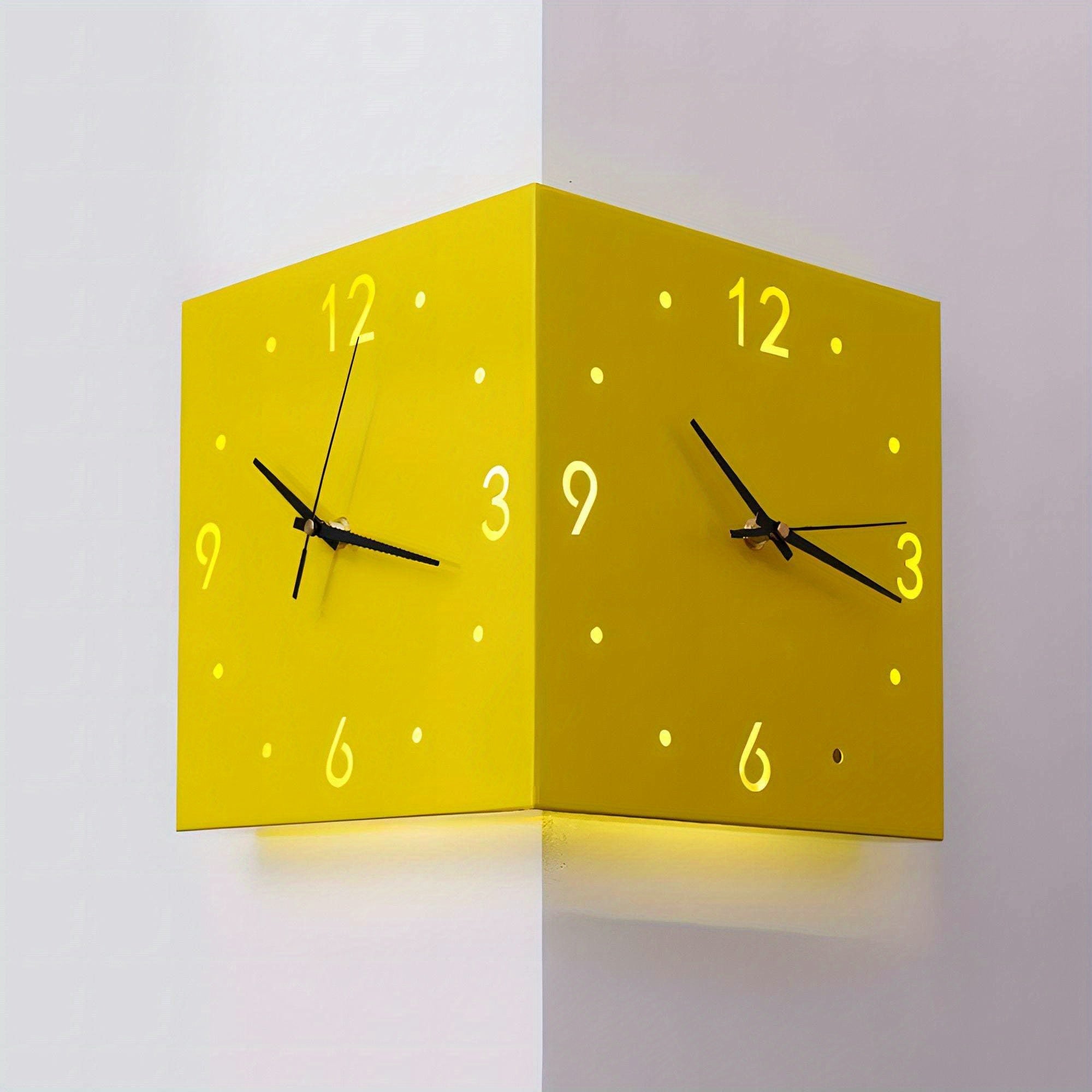 Nordic Square Modern Corner Wall Clock, Sound & Light Sensor Activation, 3000K Warm Glow, Silent Movement, Minimalist Design for Home and Office