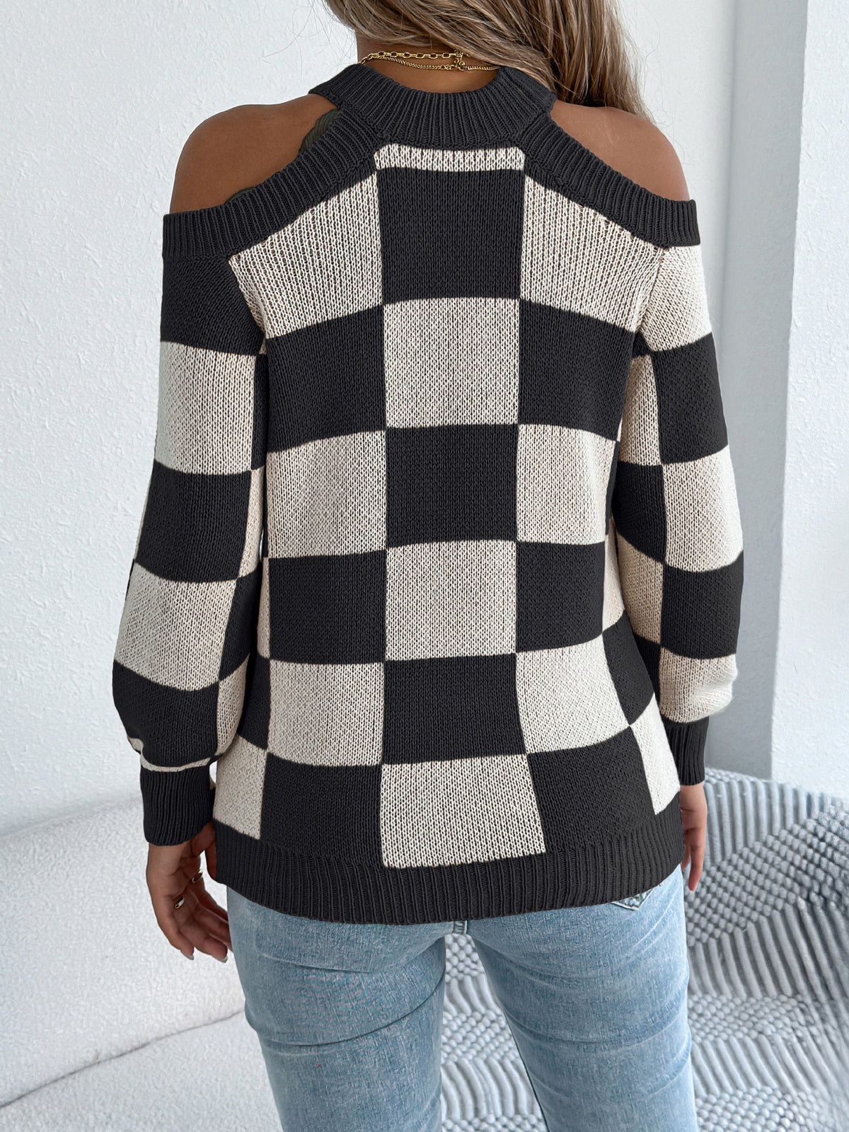 Women's Off-shoulder Color-blocked Plaid Lantern Sleeve Sweater