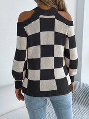 Women's Off-shoulder Color-blocked Plaid Lantern Sleeve Sweater