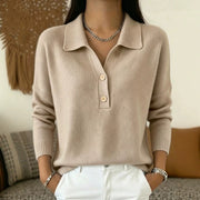 Women 's Polo Collar Knit Sweater Half Button V Neck Solid Color Loose Long Sleeve Elegant Trendy Casual Fall Winter Knit Top