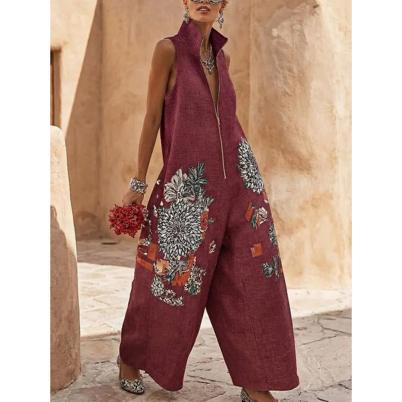 Stand-collar Sleeveless Casual Wide-leg Cotton-linen Jumpsuit