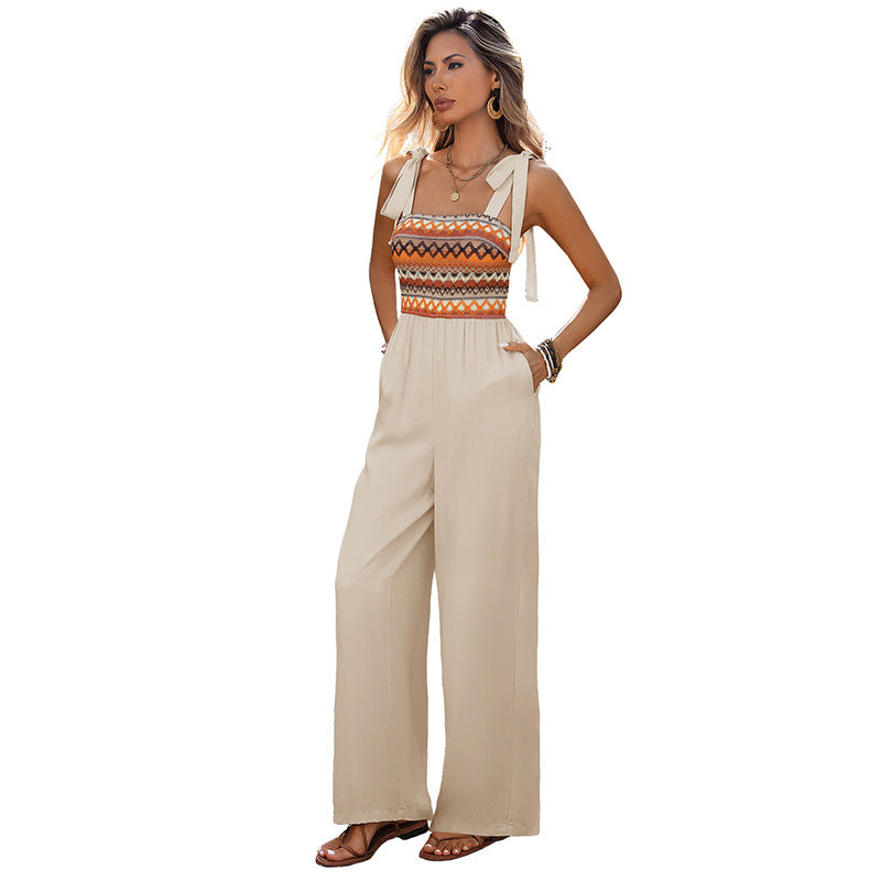 Women's Embroidered Patchwork Strappy Jumpsuit