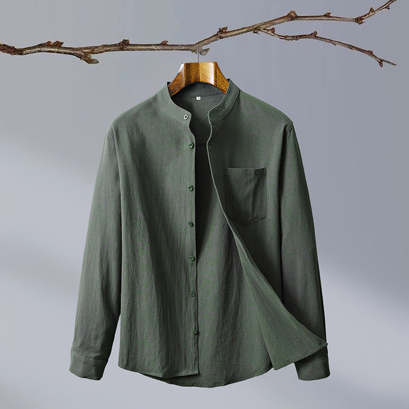 Cotton And Linen Solid Color National Style Men's Shirt