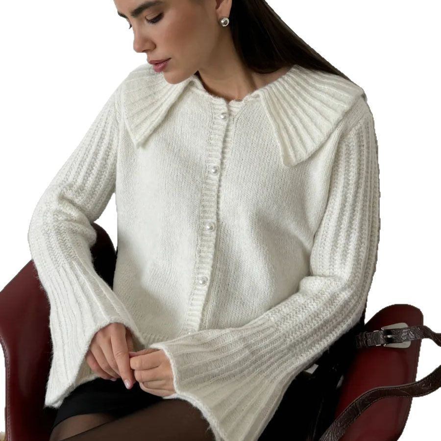 Womens Short Knitted Cardigan with Lapel Collar and Flared Sleeves