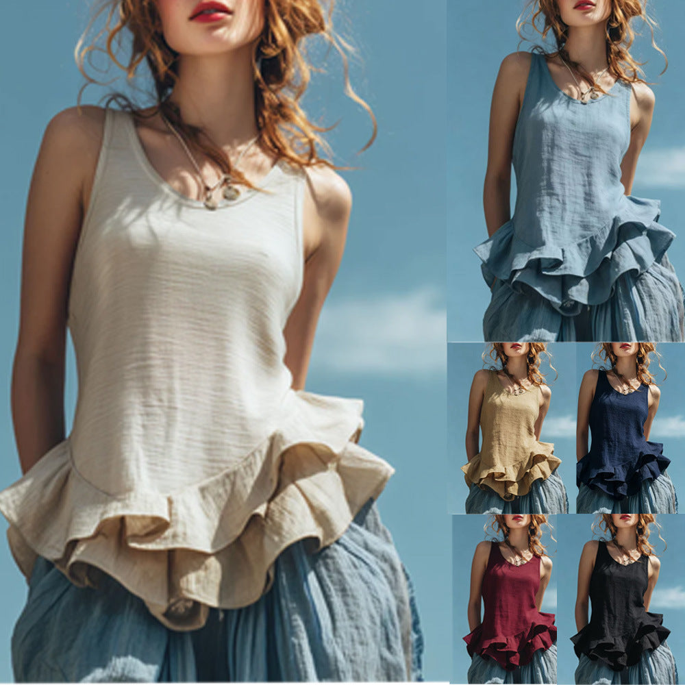 Casual Fashion Sleeveless Top With A Ruffled Hem