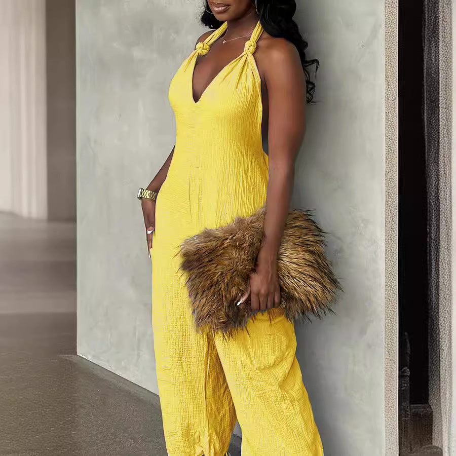 Long Skirt Linen Solid Color Jumpsuit With Belt