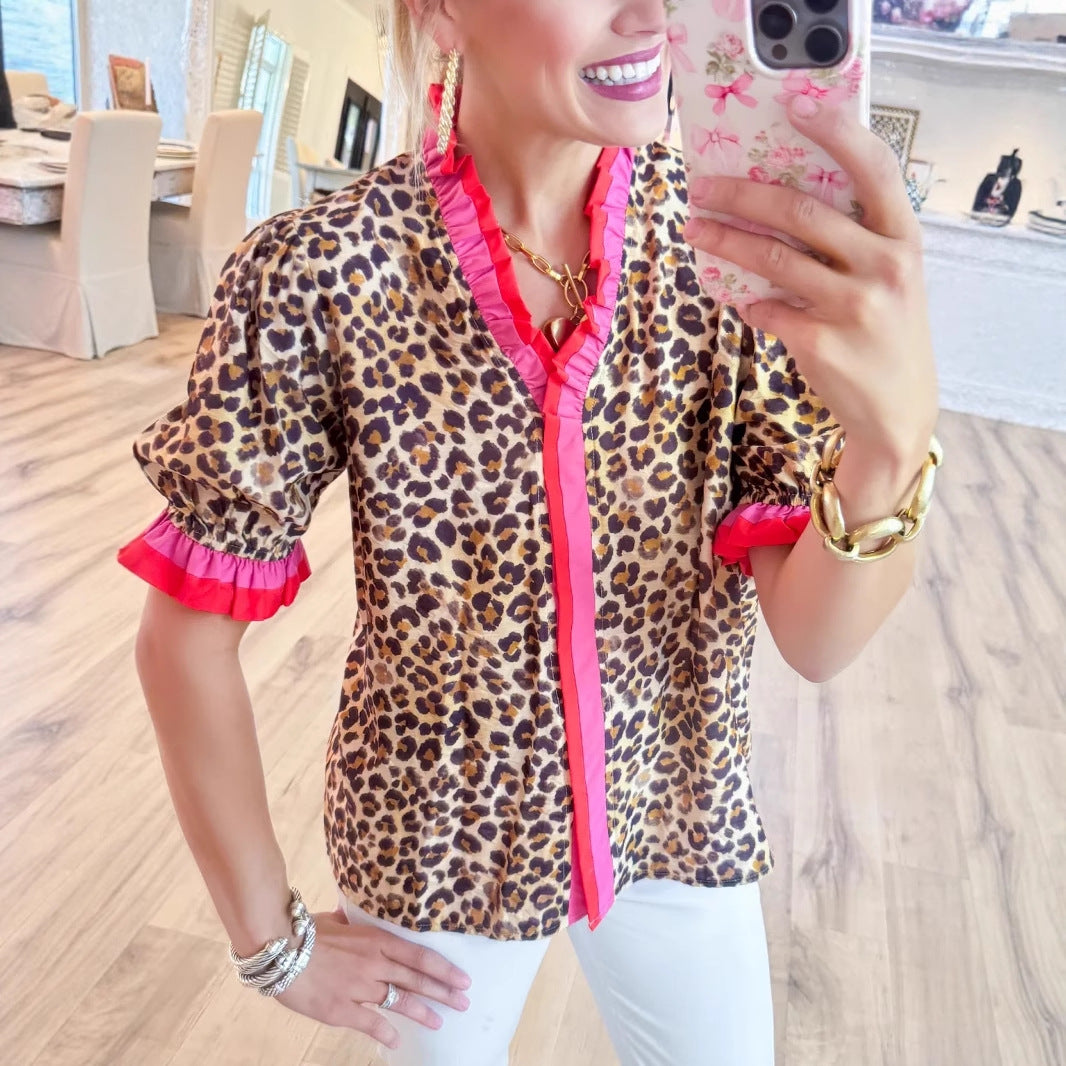 Leopard Print Ruffled Short‑Sleeve Top – Urban Chic Casual Shirt