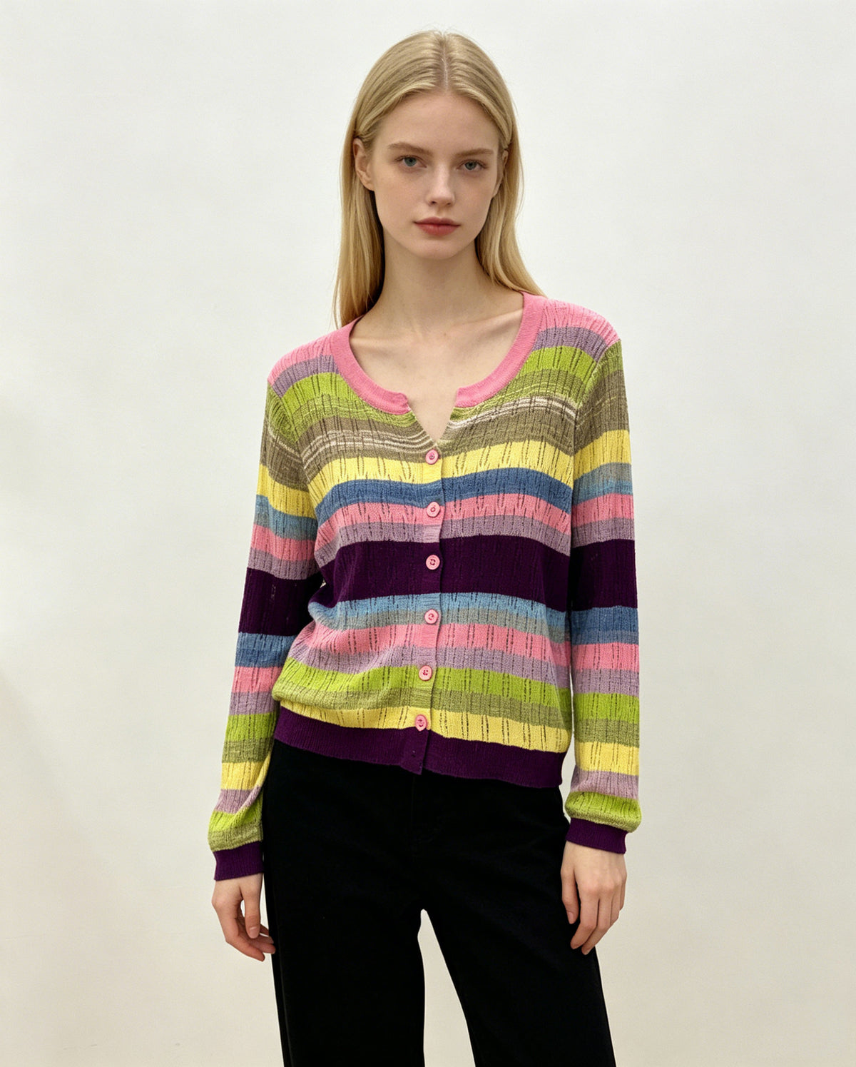 Womens Hollow-out Color-block Striped V-neck Knitted Cardigan Top