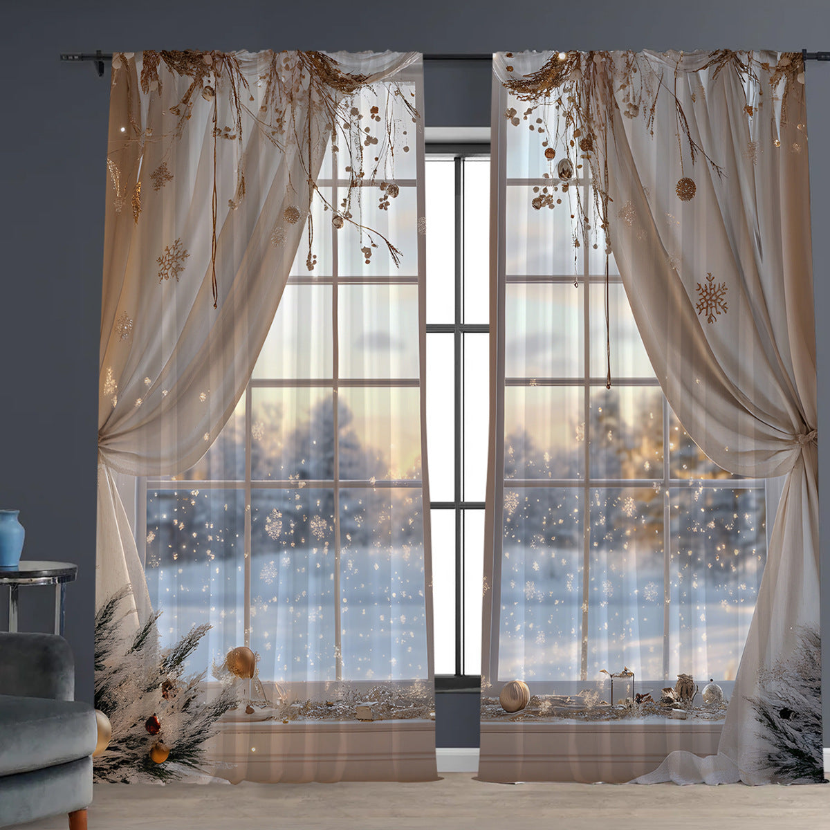 2pcs Christmas Curtain 3d Digital Printing Flower Type