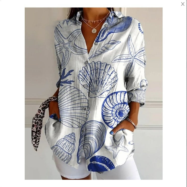 Women's 3D Digital Printing Fashion European And American Style Lapel Long Sleeve Shirt