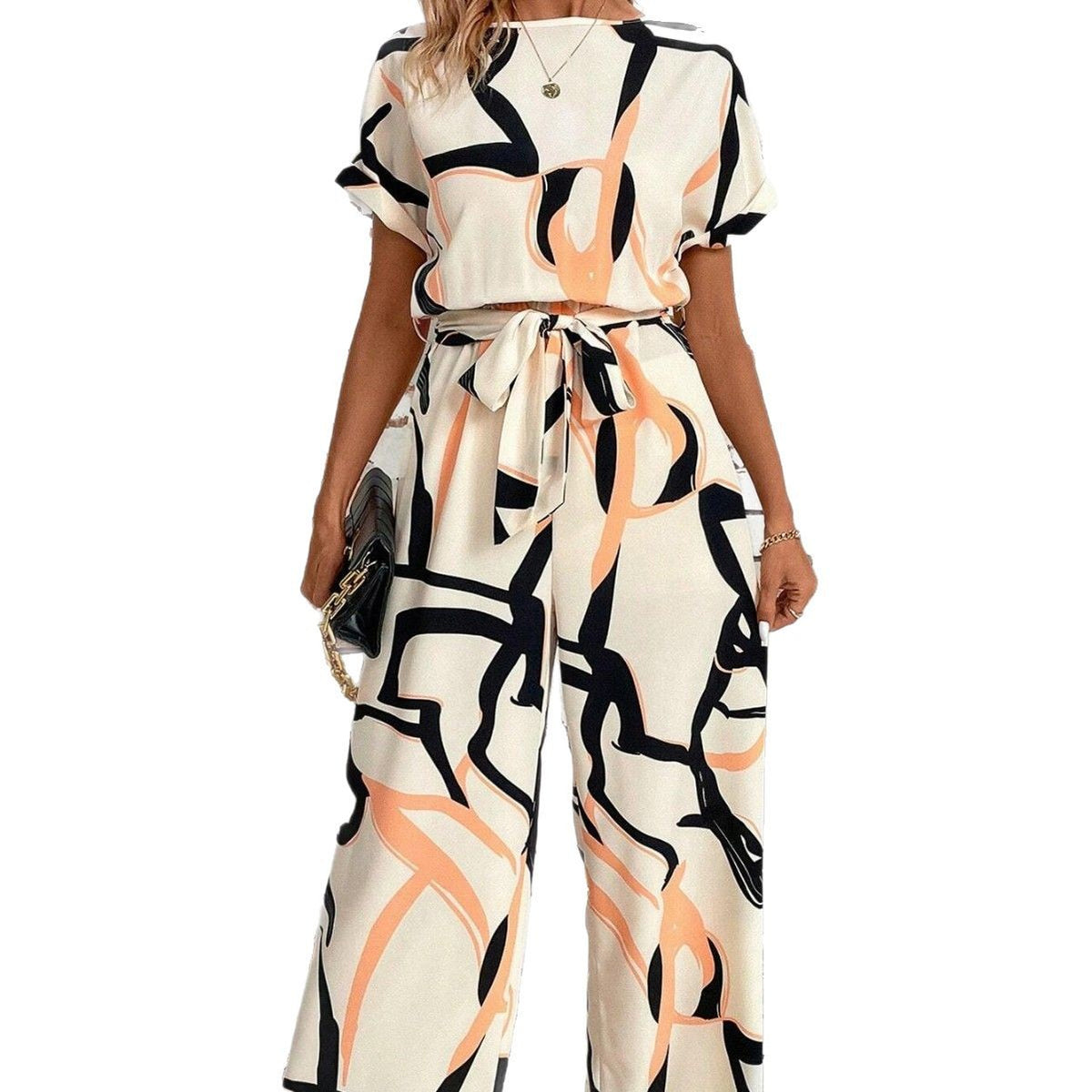 Retro Floral Short-Sleeve Waist-Cinching Jumpsuit