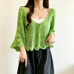 Bohemian Resort-style Crochet Hollow-out Knit Top Womens Solid-color Blouse