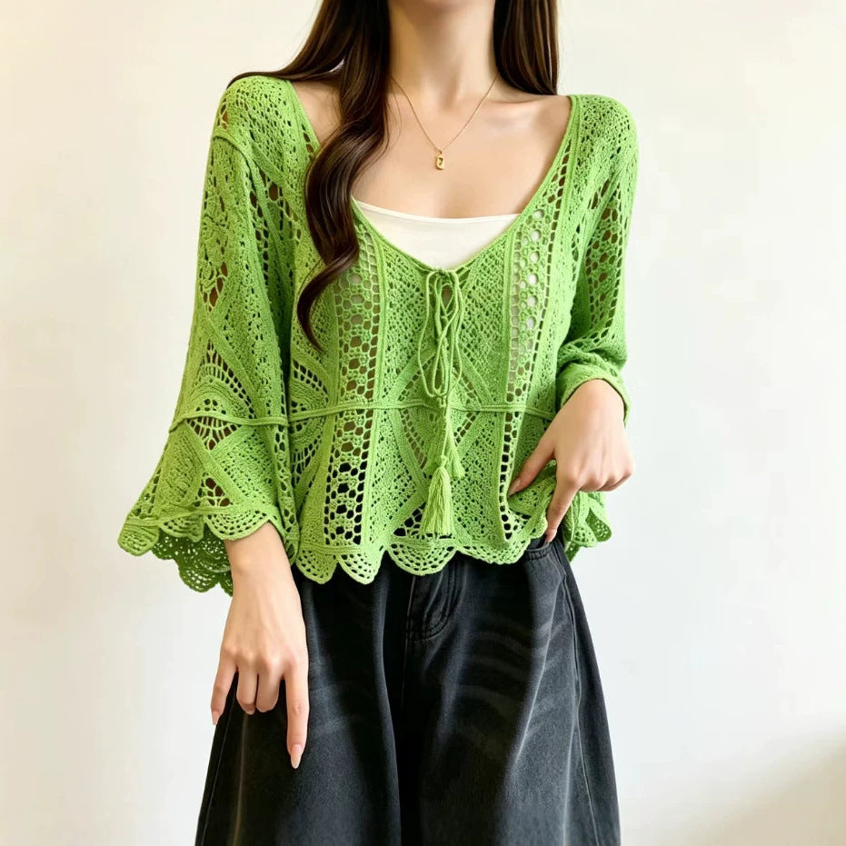 Bohemian Resort-style Crochet Hollow-out Knit Top Womens Solid-color Blouse