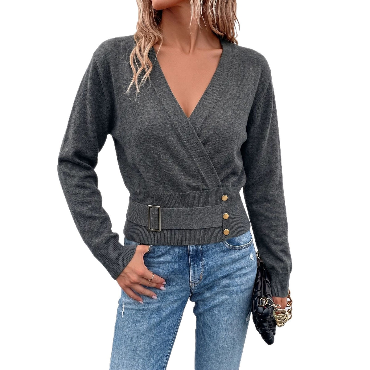 Womens Double-faced V-neck Knitted Sweater