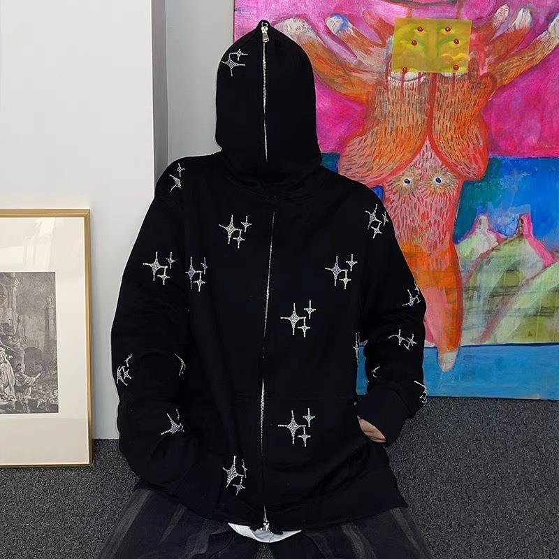 Rhinestone Zip-Up Hooded Sweater