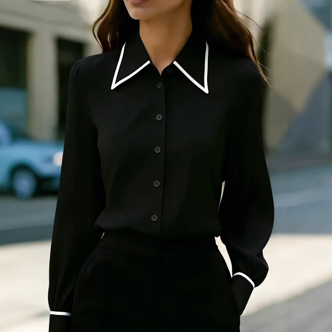 Casual Fashion Color-Block Lapel Long-Sleeve Shirt Womens Clothing
