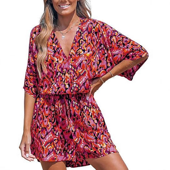 Women's V-Neck Lace-Up Batwing Jumpsuit