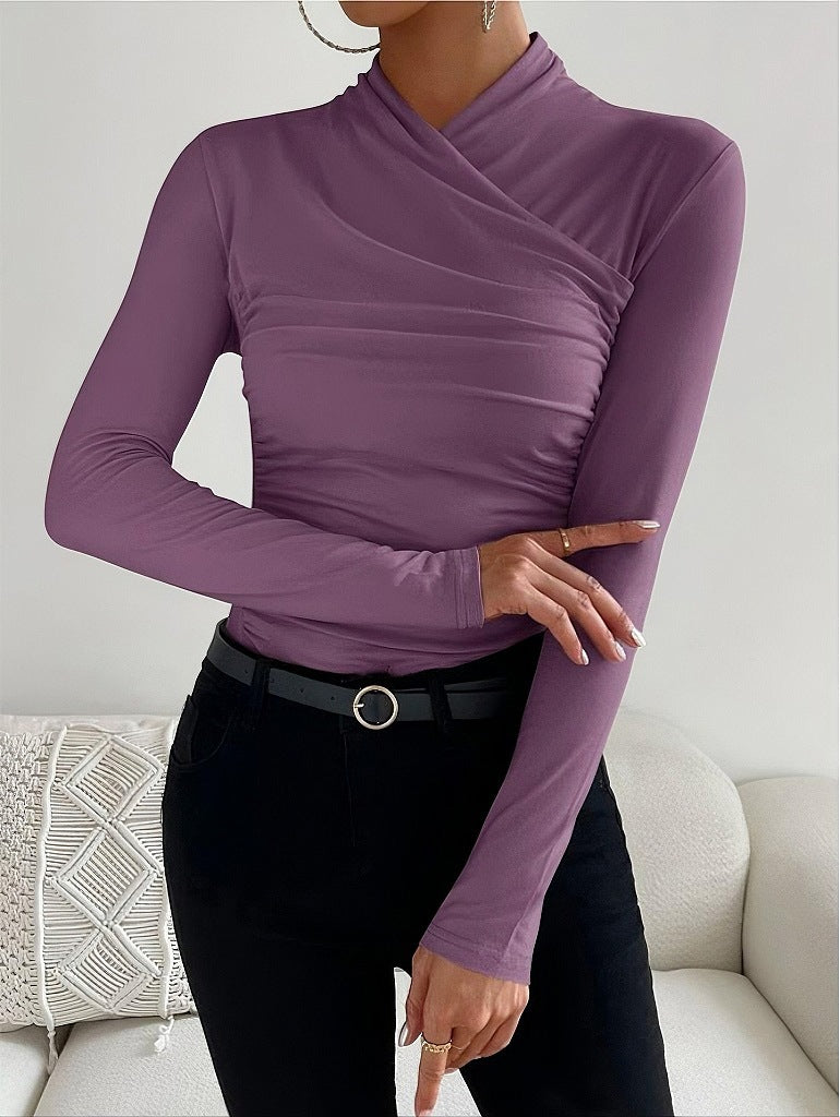 Cross Collar Pleated Slim Long Sleeve Top