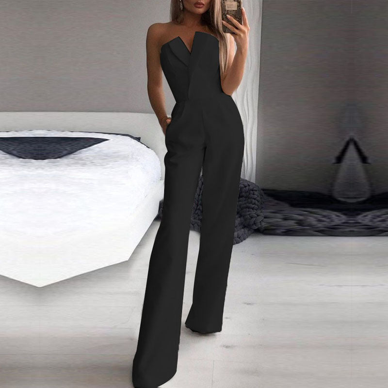Women's Elegant Mid-Waist Straight-Leg Commuter Jumpsuit