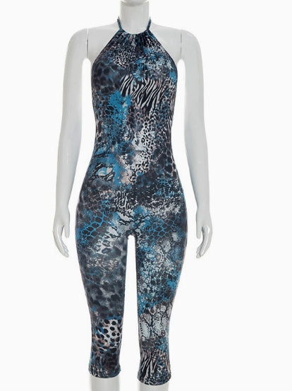 Vibrant Printed Halter Backless Crop Pants Outfit