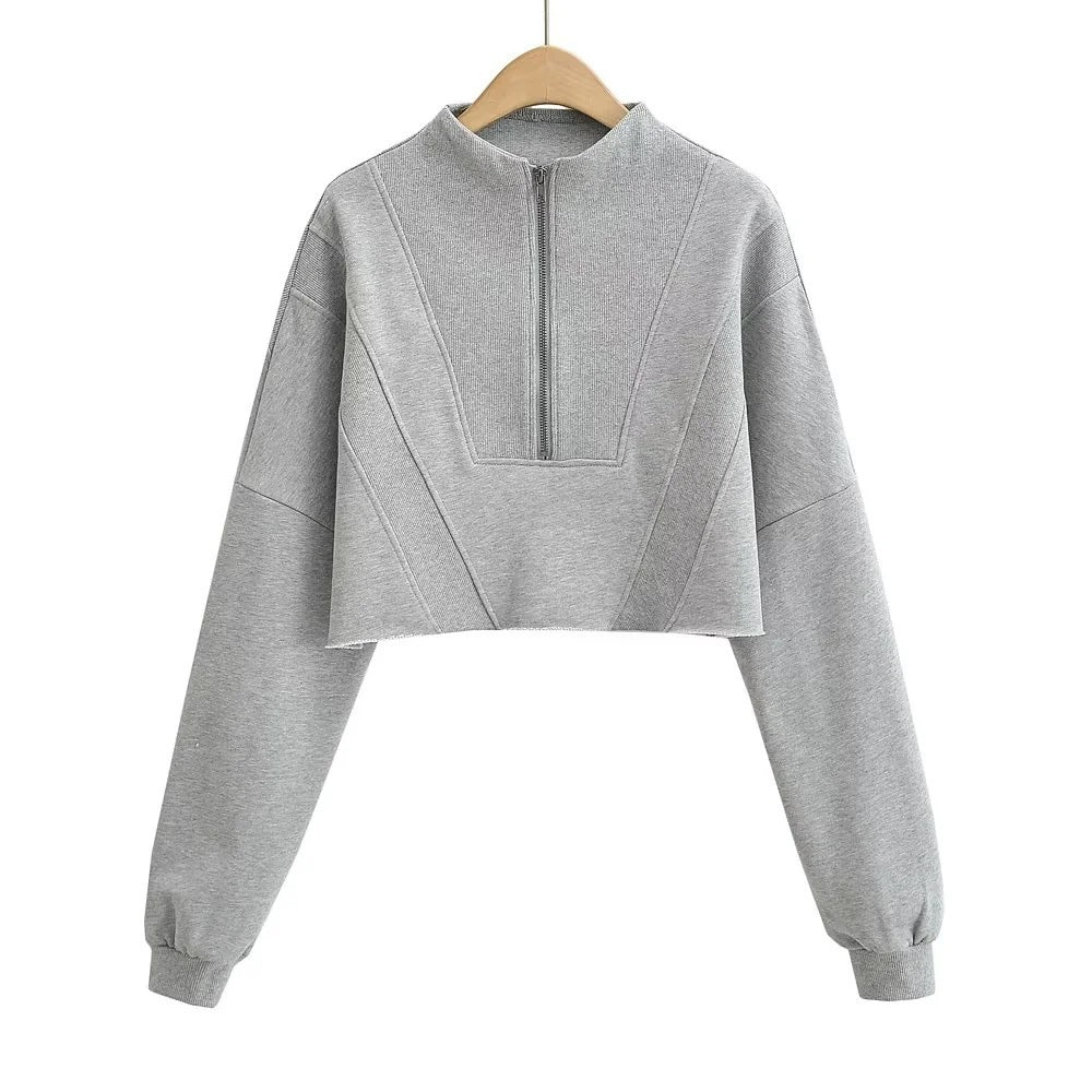Women's Casual Half-Zip Solid Color Short Sweatshirt
