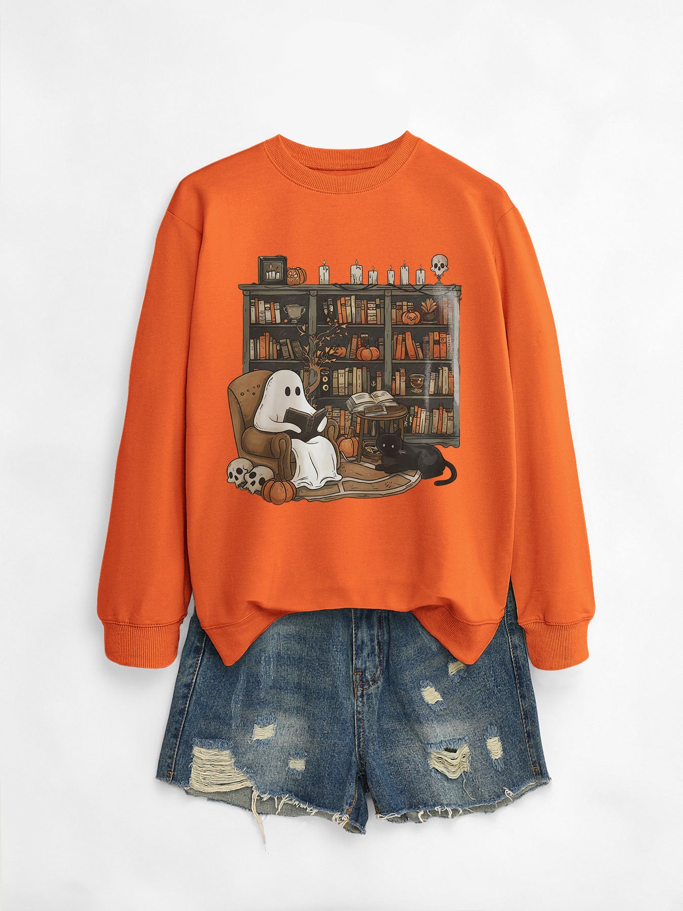 Cozy Black Cat Bookshelf Halloween Sweatshirt