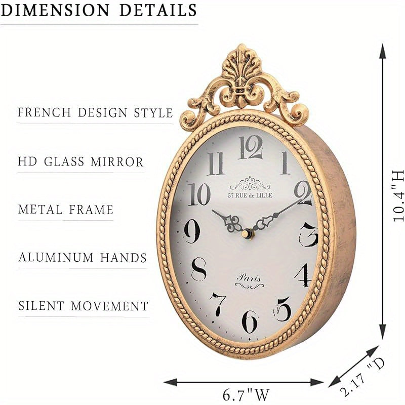 Vintage French Retro Wall Clock - Antique Golden Oval Design, Silent Battery Operated Boho Decor for Farmhouse, Kitchen, Bedroom, Bathroom (10.4" H x 6.7" W), Farmhouse Wall Clock | Elegant Wall Clock | Durable Plastic Clock