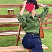 French-style Green Corduroy Shirt Women's Long Sleeve