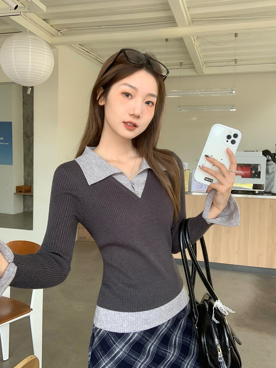Polo-neck Flared Long-sleeve Elegant Sweater Top