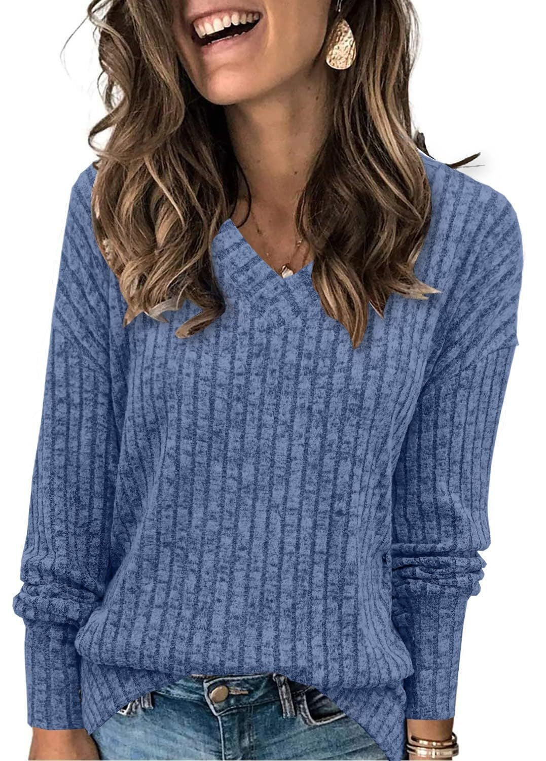 V-Neck Long Sleeve Brushed Stripe Tee