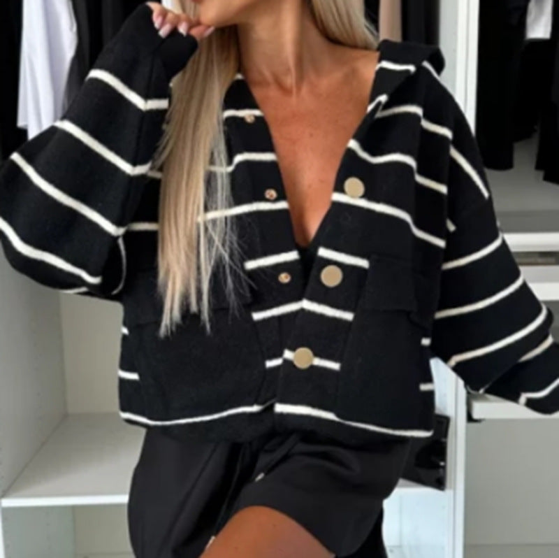 Cozy Striped Hooded Pocket Cardigan Sweater Coat