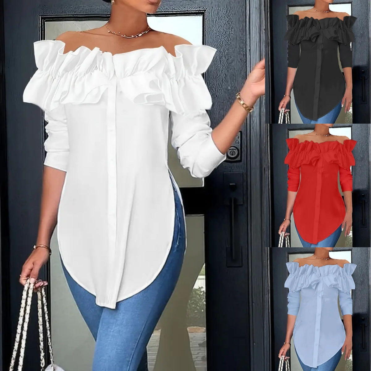 Simple Solid-Color Off-the-Shoulder Ruffle-Trim Shirt Top