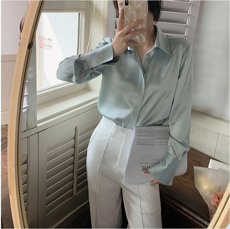 Women's Satin New Design Sense V-neck Silk Acetate White Shirt