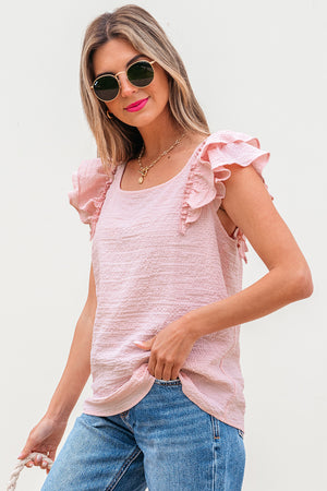 Zartrosa Bluse mit Strukturmuster, Schleife und Rüschen, Schmetterlingsärmeln
