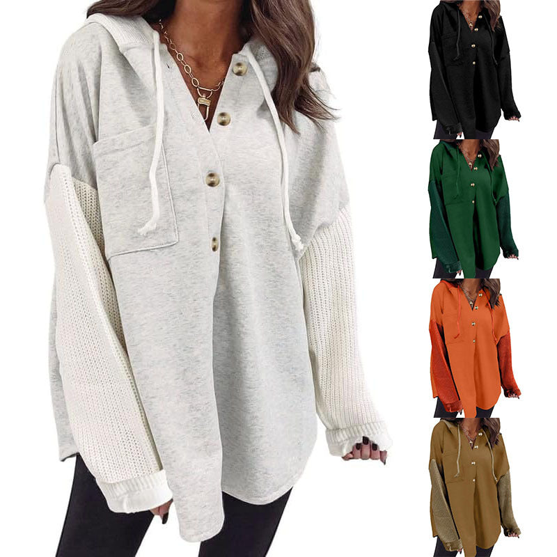 Women's Casual Loose Button Hooded Sweatshirt