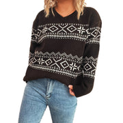 Vintage Pattern Jacquard V-neck Long Sleeve Knitted Women's Sweater