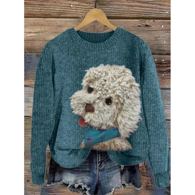 Womens Printed Crew-neck Chunky-knit Faux Sweater
