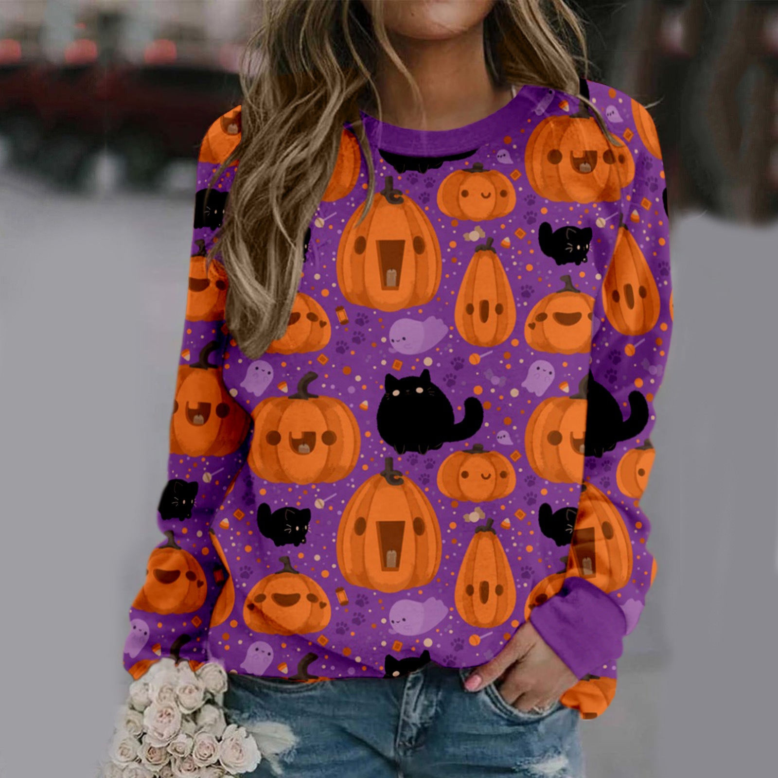 Women's Halloween Print Long Sleeve Casual Round Neck Sweater