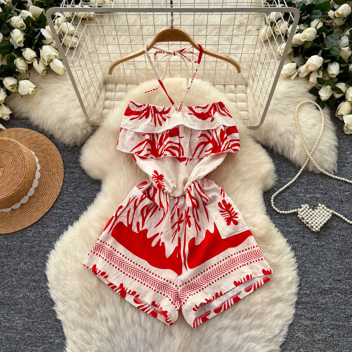 Sexy Backless Halter-Neck Printed Romper for Women