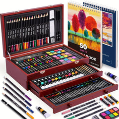 175-piece art supplies kit with drawing pads and wooden case
